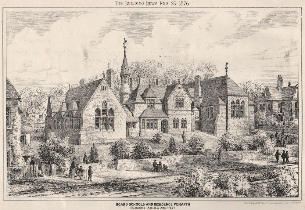 Board Schools & residence, Penarth; H.C. Harris Architect. Wales 1876 print